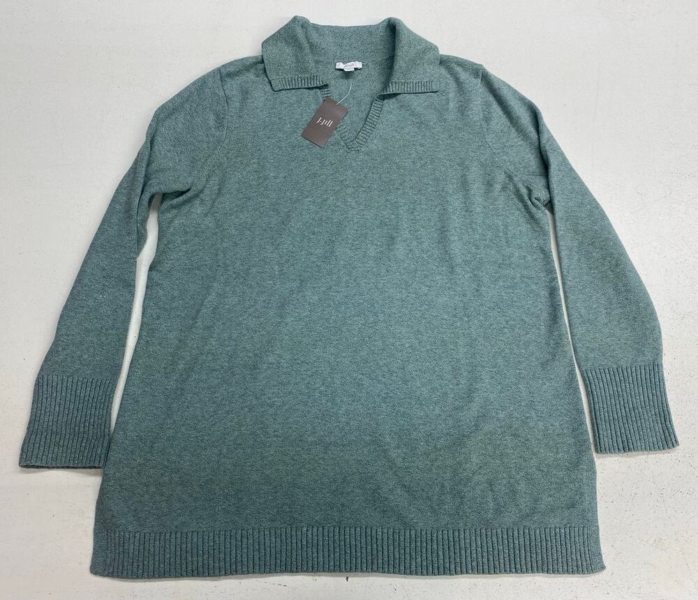 NEW Women J. Jill Pure Collared Tunic green cotton v-neck pullover sweater, L